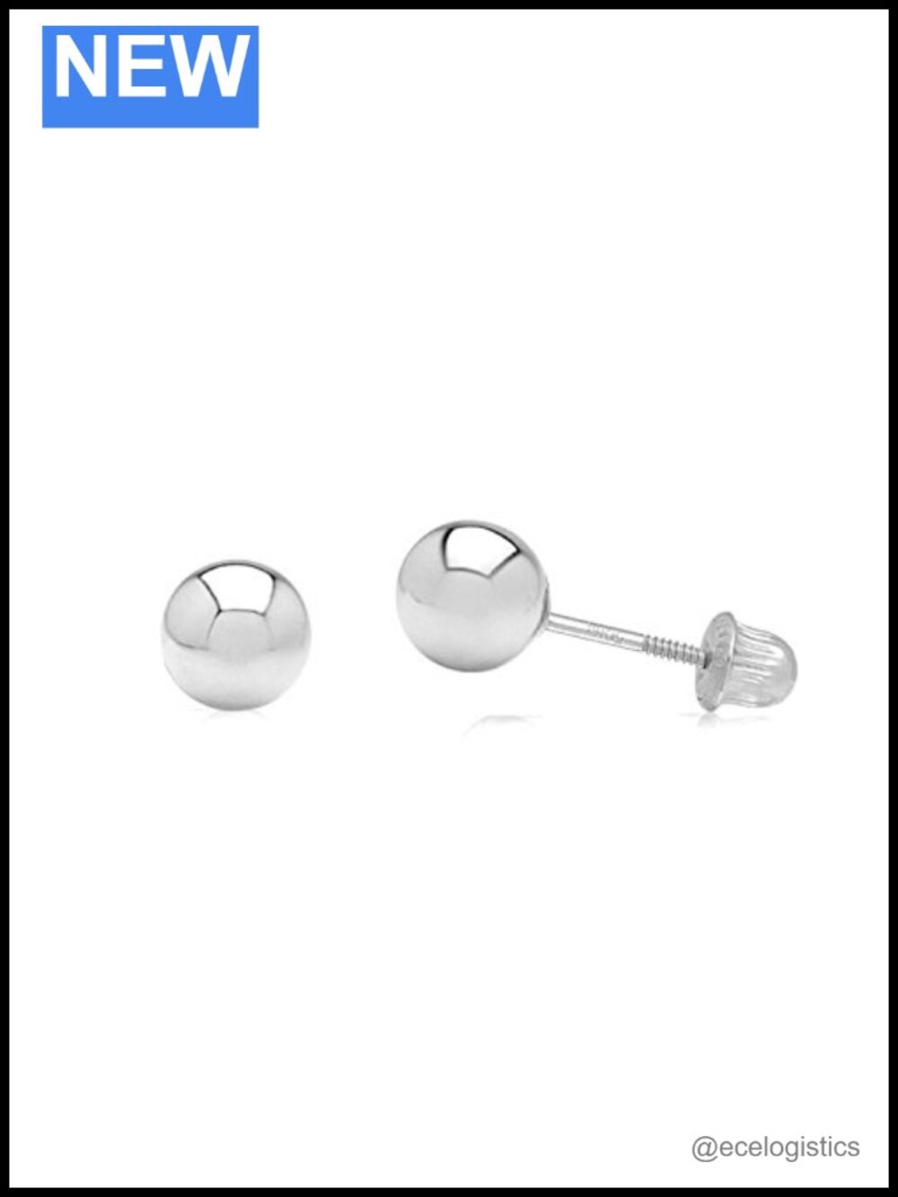 14K White Gold Ball Stud Earrings Secure Screw-Back 4MM